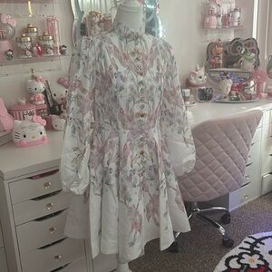 Women's Floral Print Dress Stand Collar Long Sleeve and floral Belt.